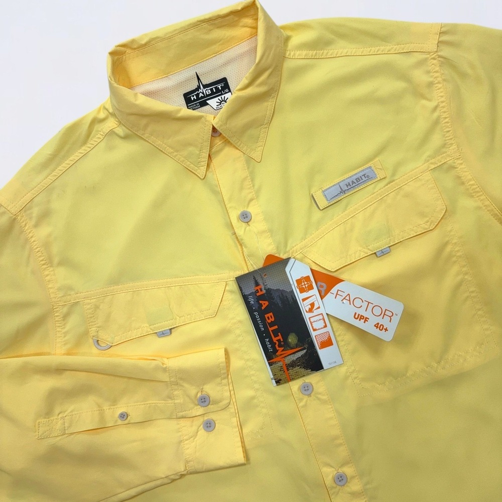 Habit Fishing Shirt Mens Large Pale Banana Yellow UPF 40+ Long Sleeve TS1156 NEW